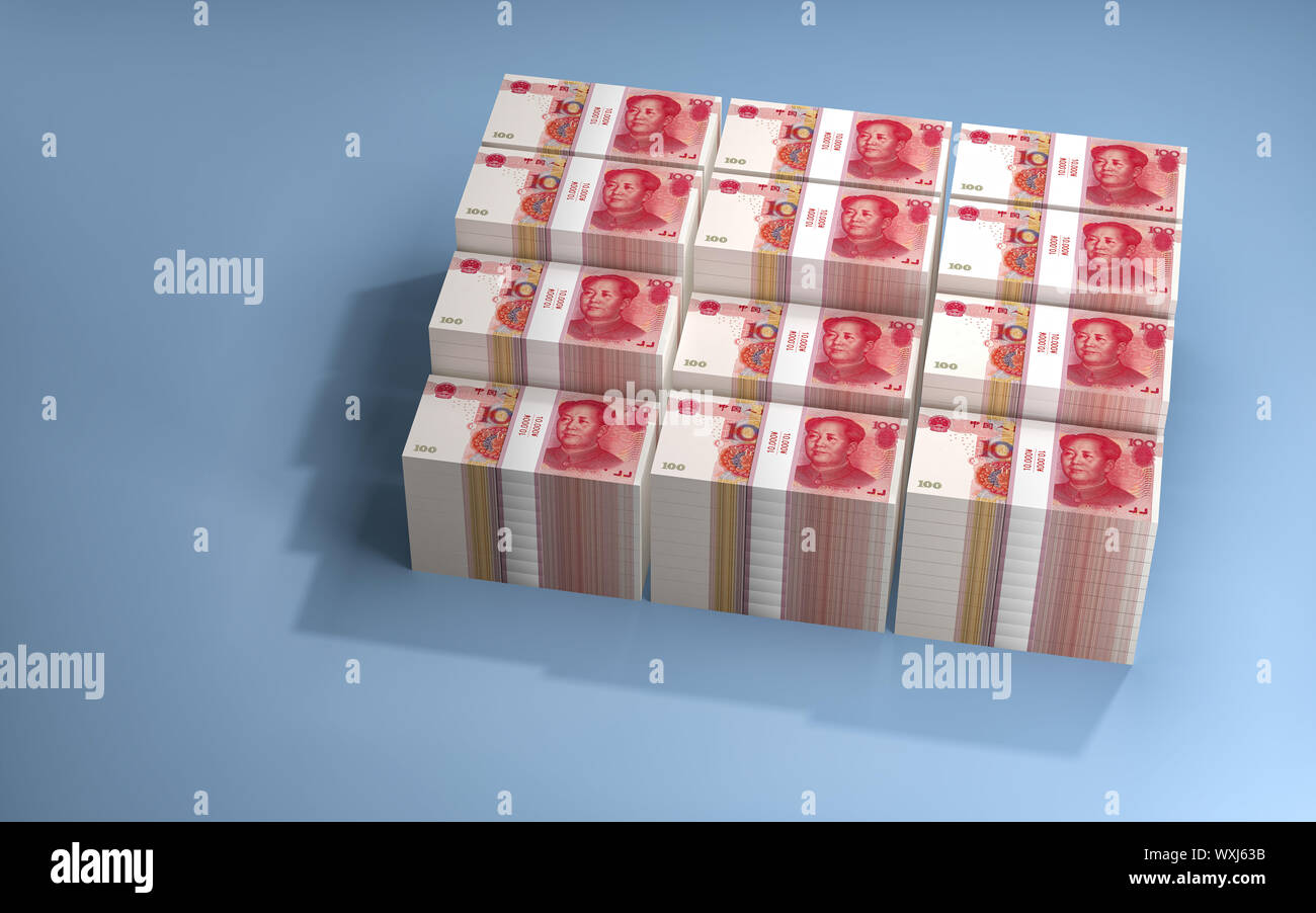Stacks of chinese 100 Yuan bills. - 3D Rendering Stock Photo