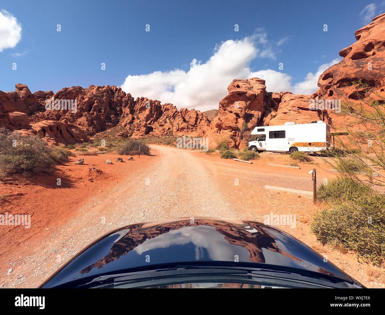Car approaching a camping location, Grand Canyon National Park, Arizona, United States Stock Photo