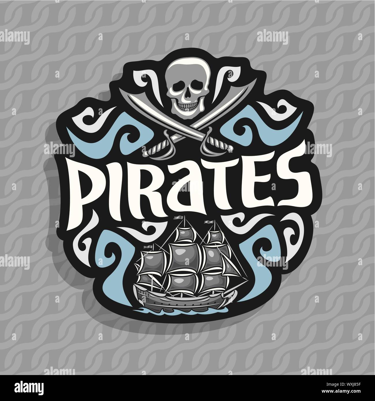 Vector logo for Pirates: grey skull and crossed sabers and old sails ship with jolly roger flag on ropes seamless pattern. Stock Vector