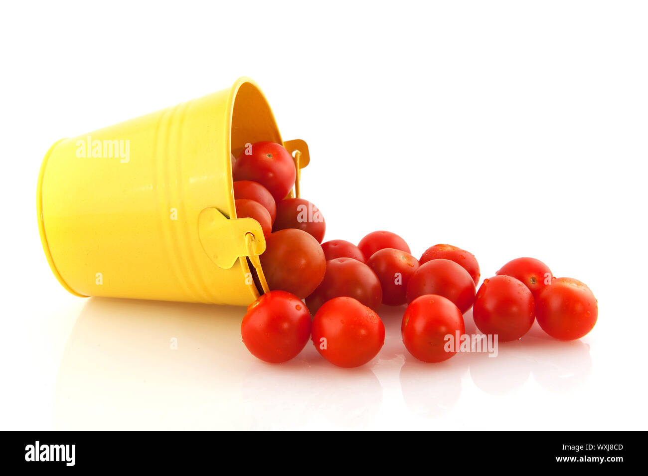 Yellow bucket full with fresh cherry tomatoes Stock Photo