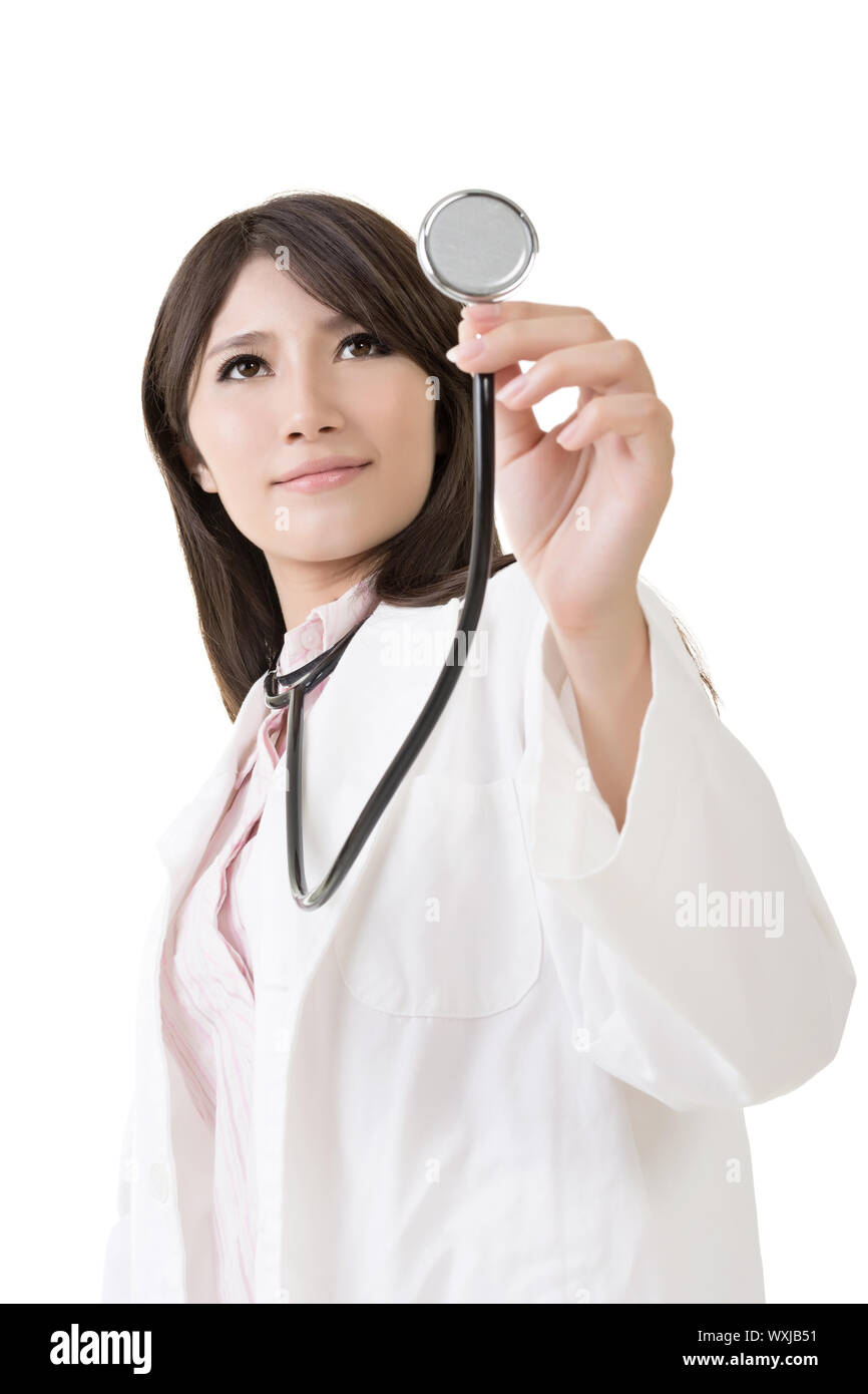 Young asian female doctor shows stethoscope on the white background Stock Photo Alamy