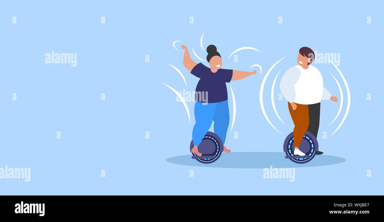 fat obese man woman riding self balancing scooter couple standing on electric gyroscooter personal electrical transport obesity concept people having Stock Vector