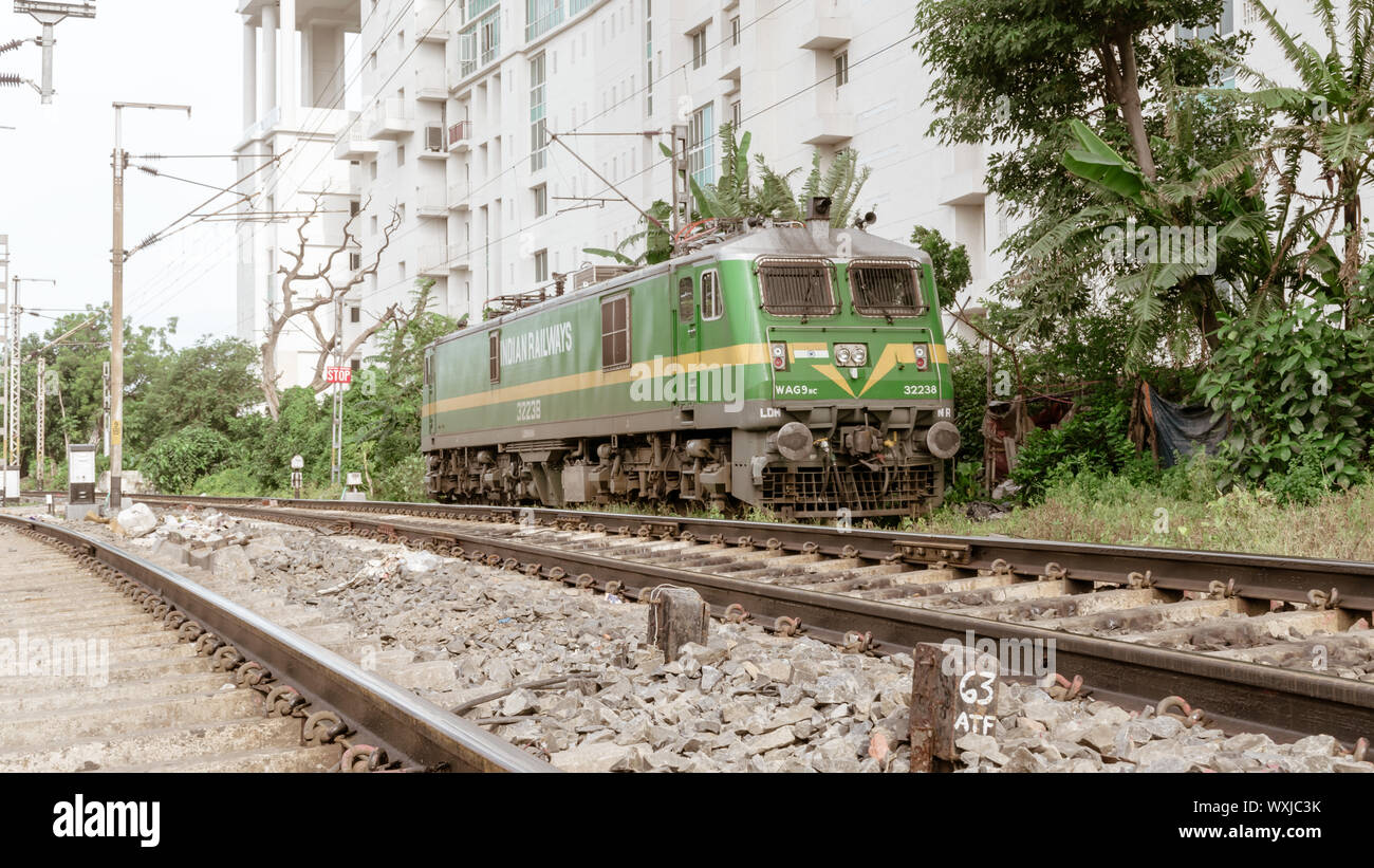 Howrah, Kolkata, August 20, 2019 – A high power electric WAG-9 locomotive loco engine wagon on rail tracks of Indian Railway. WAG-9 locomotives is mos Stock Photo