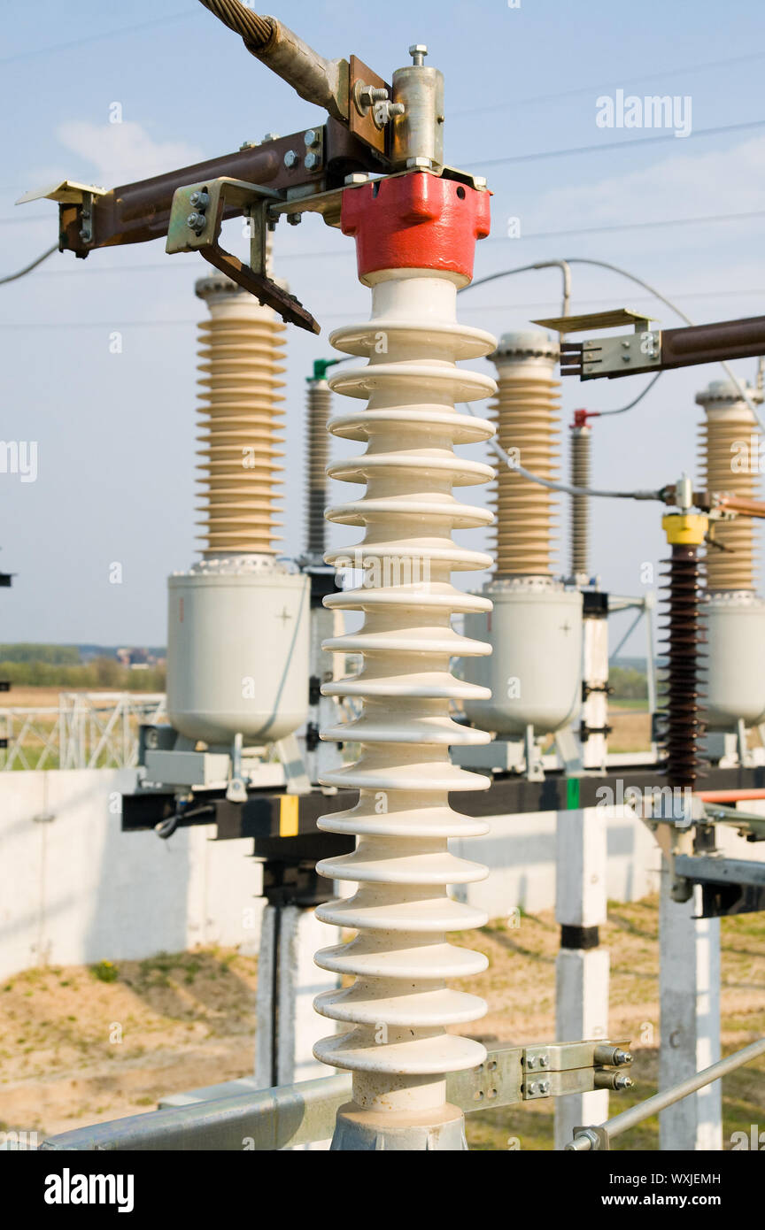 view to highvoltage substation with switches and disconnectors Stock Photo Alamy