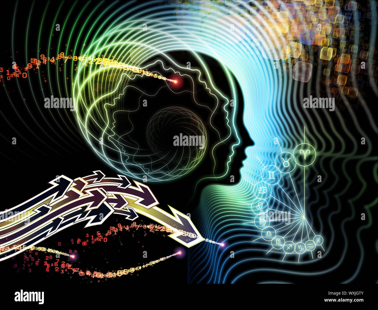 Backdrop of human feature lines and symbolic elements on the subject of ...