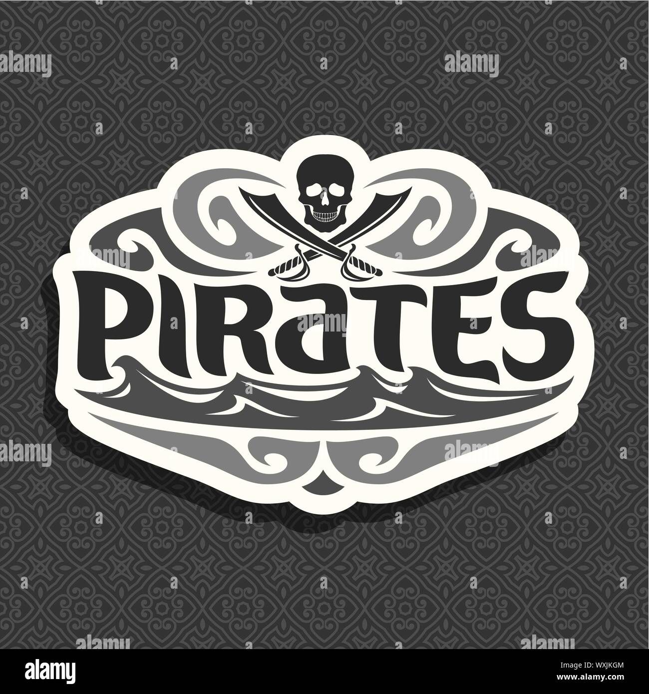 Vector logo for Pirates, skull and crossed swords and sea waves on gray seamless pattern. Stock Vector