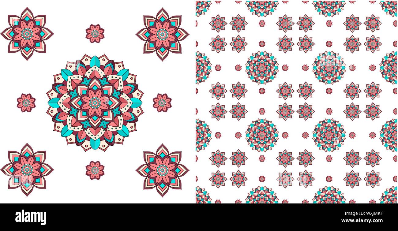 Seamless design with colorful mandalas pattern illustration Stock ...