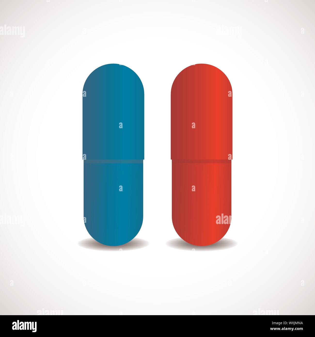 red pill blue pill. Blue and red pills on white background. Stock Vector