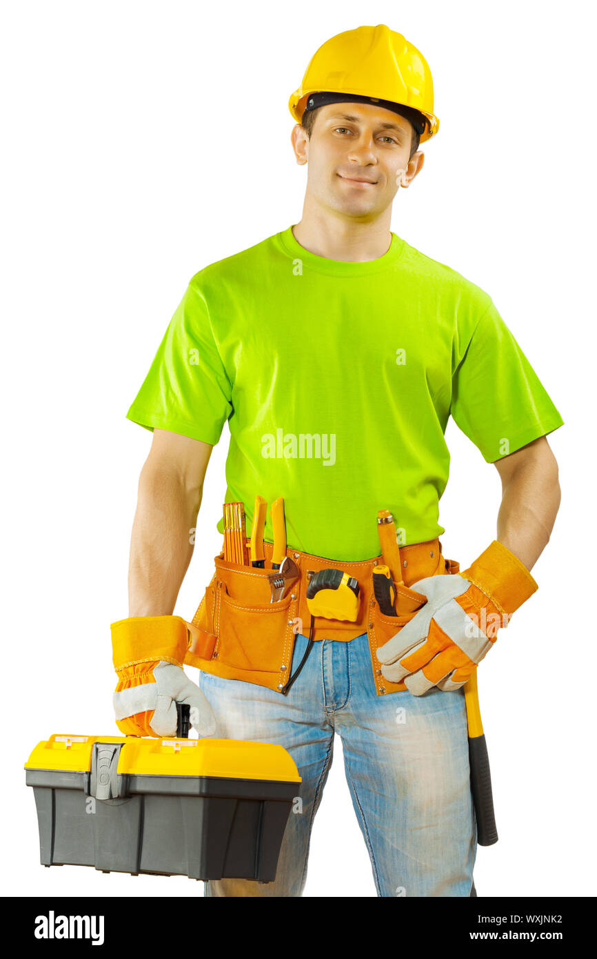 worker holding toolbox Stock Photo