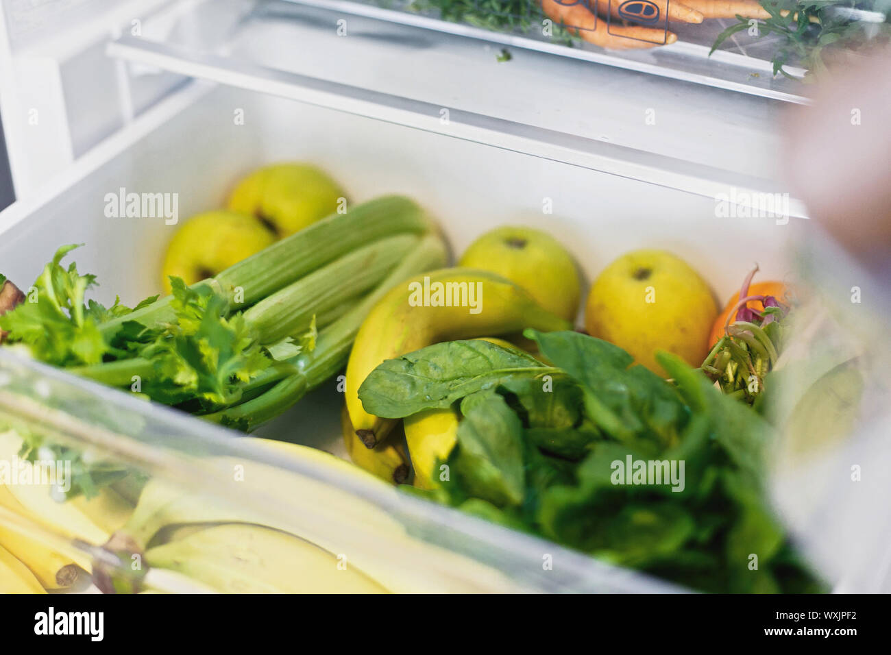 Plastic free bananas,salad, spinach, celery, apples, orange in fridge. Zero waste grocery