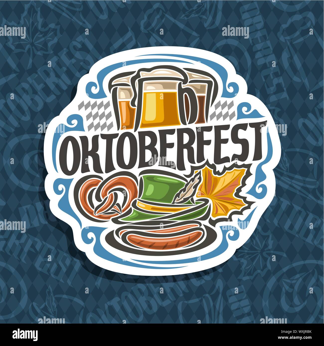 Vector logo for Oktoberfest on blue harlequin pattern: pilsner beer in 3 glass mug, lettering - oktoberfest, pretzel and green hat for fest, october m Stock Vector