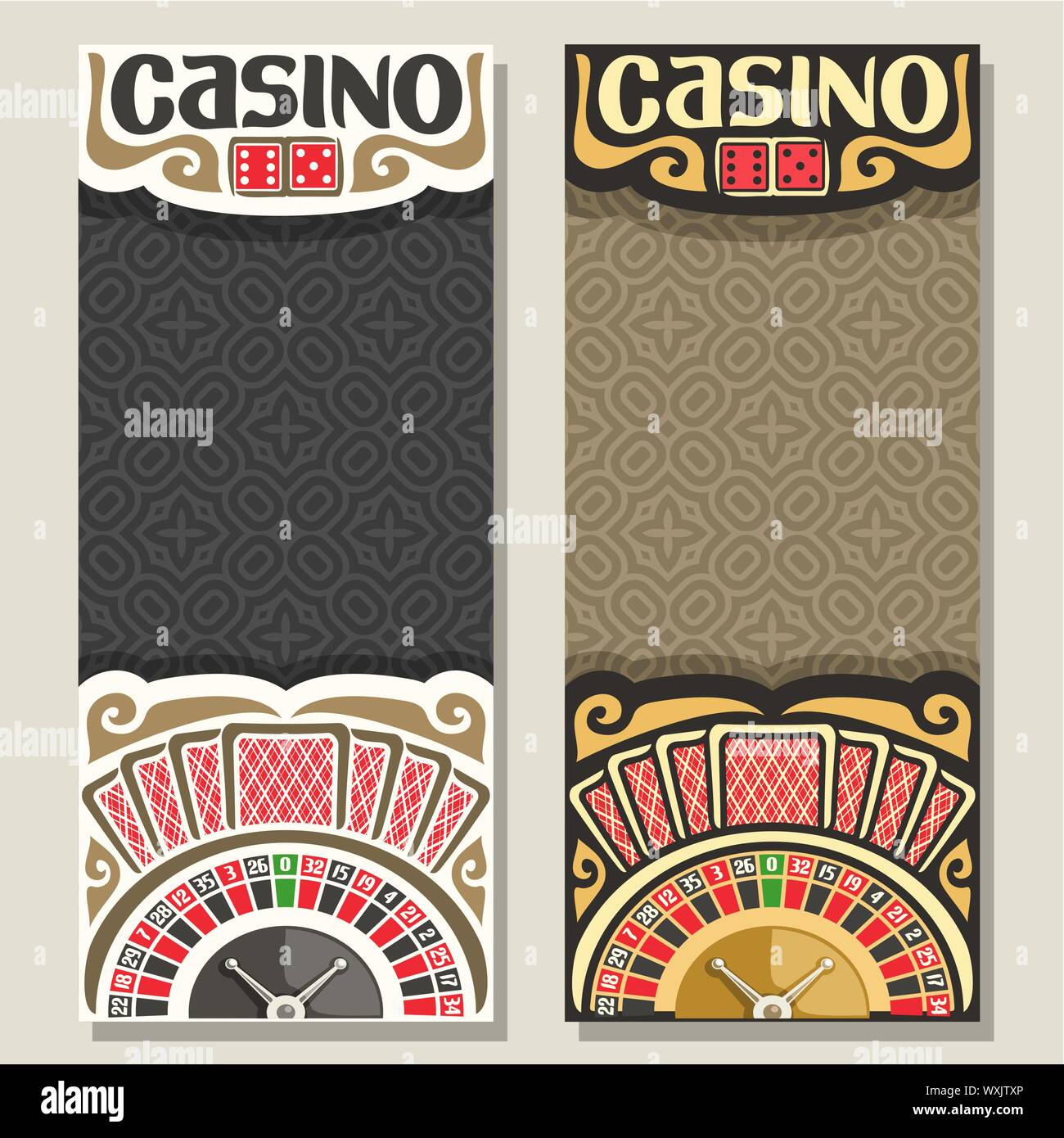 Vector vertical banners for Casino: 2 layouts with golden roulette wheel, seven playing cards with red back, pair of dices for craps, invite tickets f Stock Vector