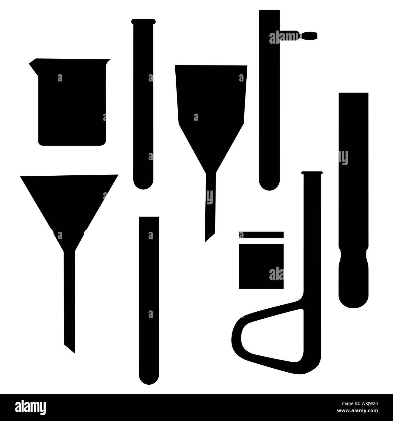 Chemistry lab glasses silhouettes, collection isolated on white Stock