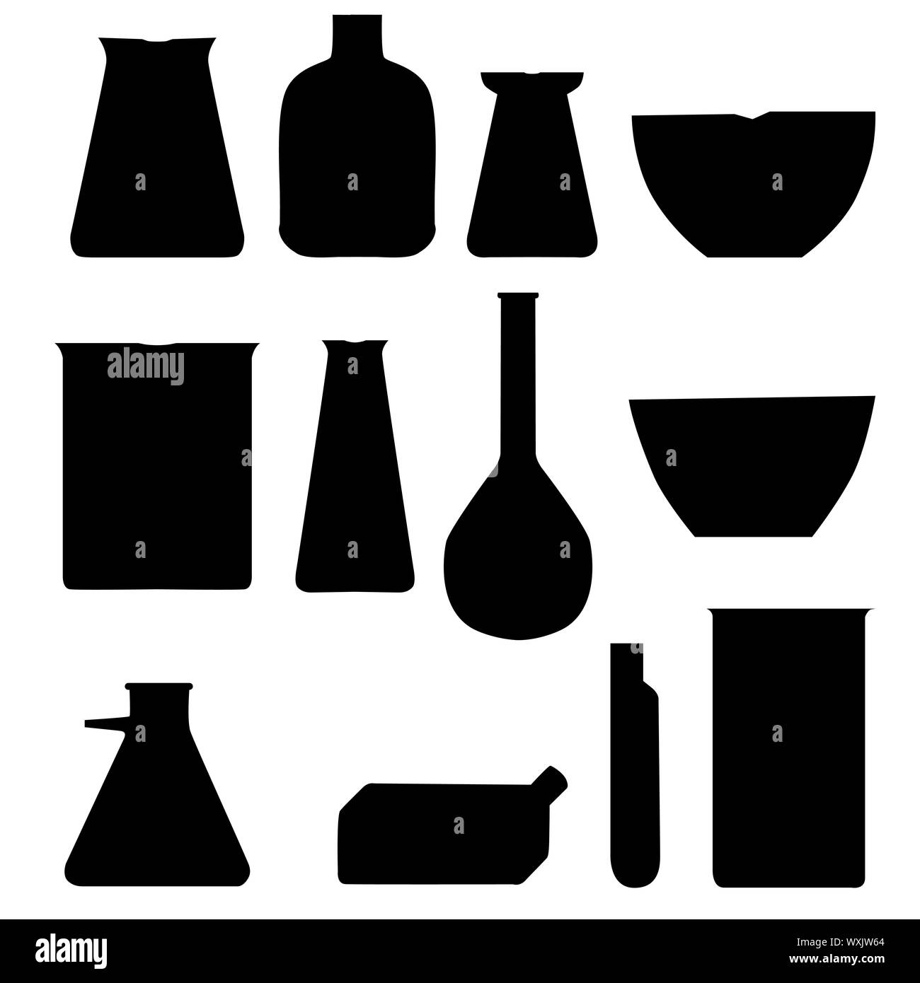 Chemistry lab vessels silhouettes collection isolated on white Stock Photo