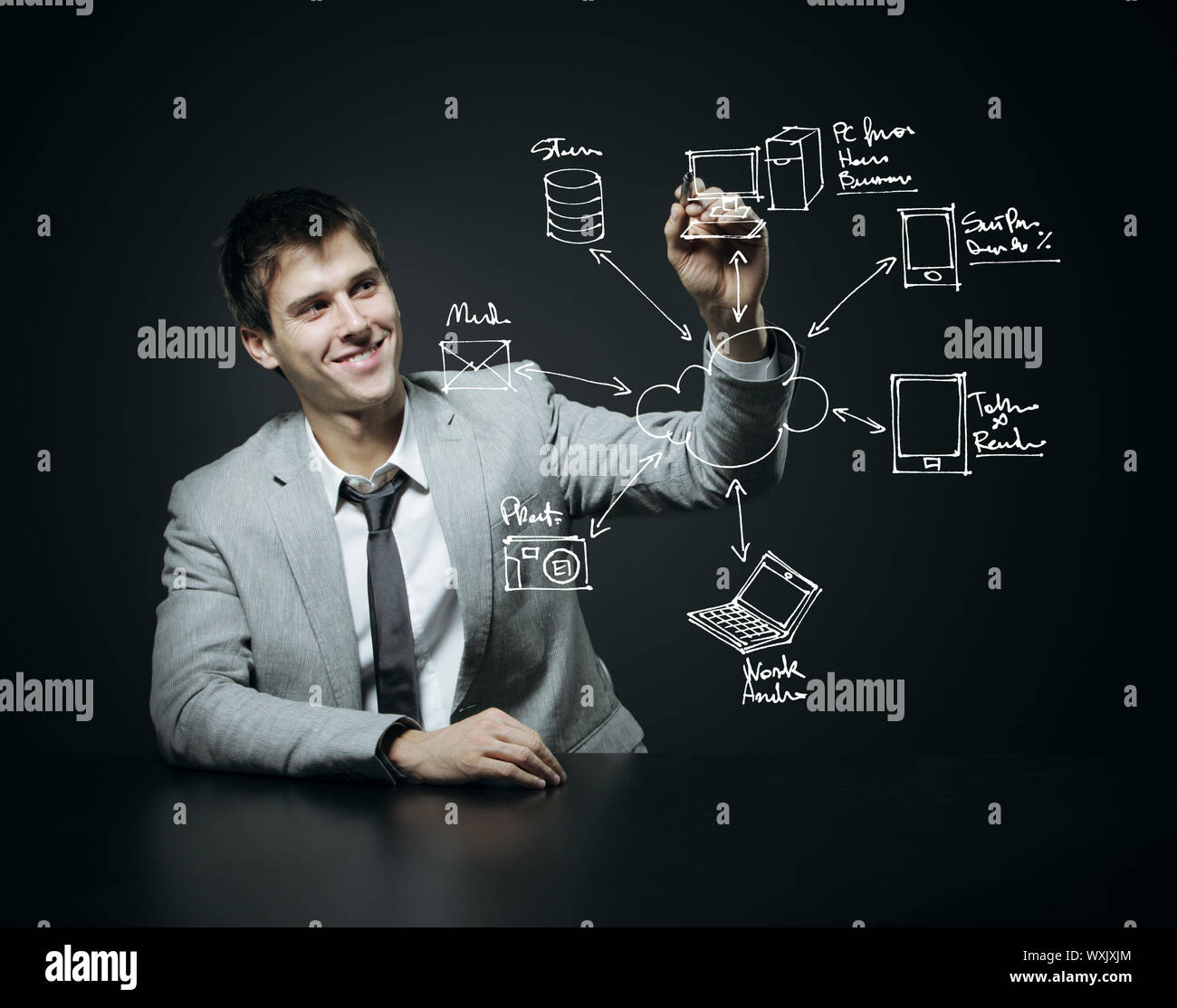Businessman drawing a Cloud Computing diagram Stock Photo