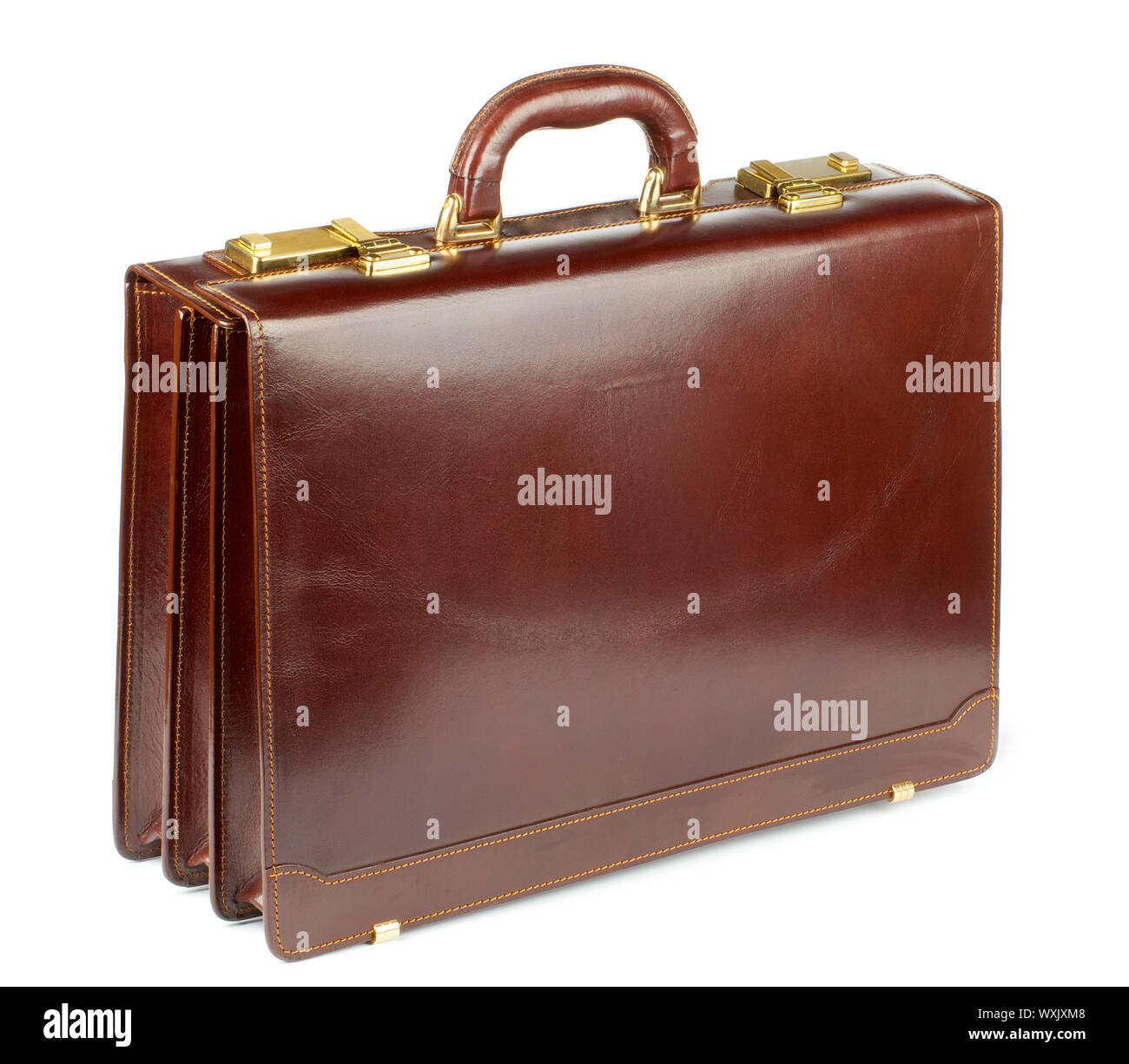 Brown Leather Briefcase with Gold Details isolated on white background