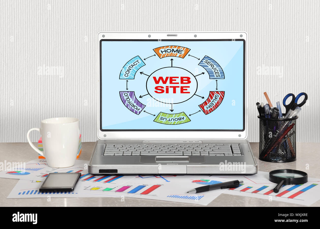 scheme web site on screen laptop in office, closeup Stock Photo