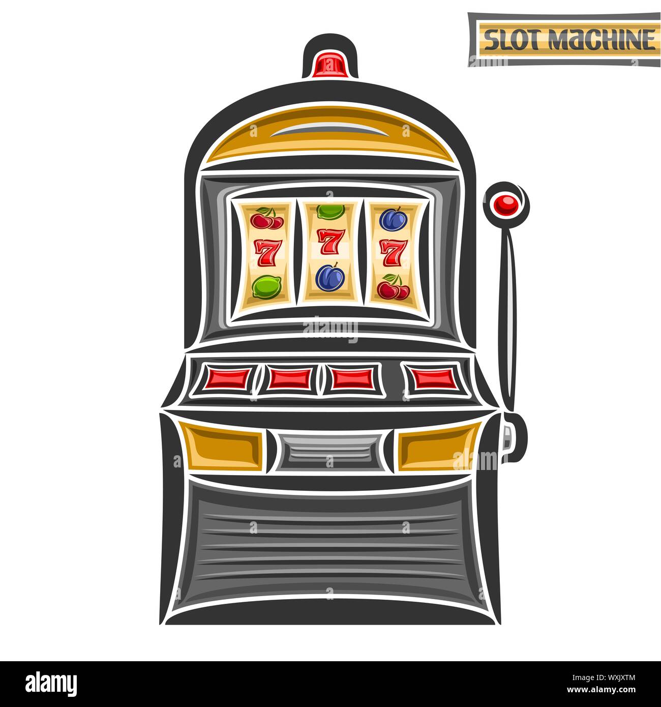 Vector illustration of Slot Machine: logo of retro gambling one armed bandit, on reel lucky fruit and 777 symbols, vintage gamble slot machine with re Stock Vector