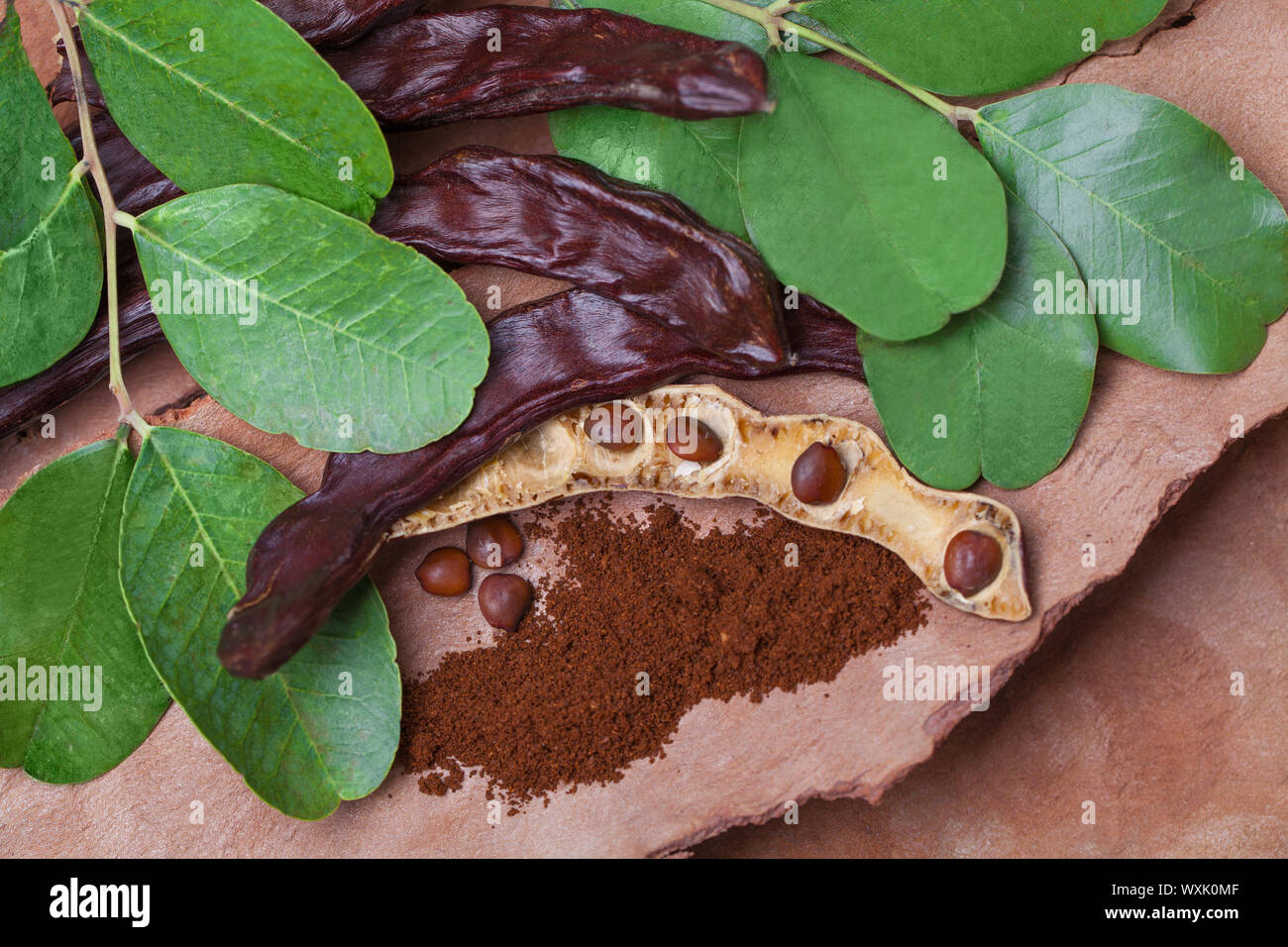 Carob. Organic carob pods with seeds and leaves on tree bark table