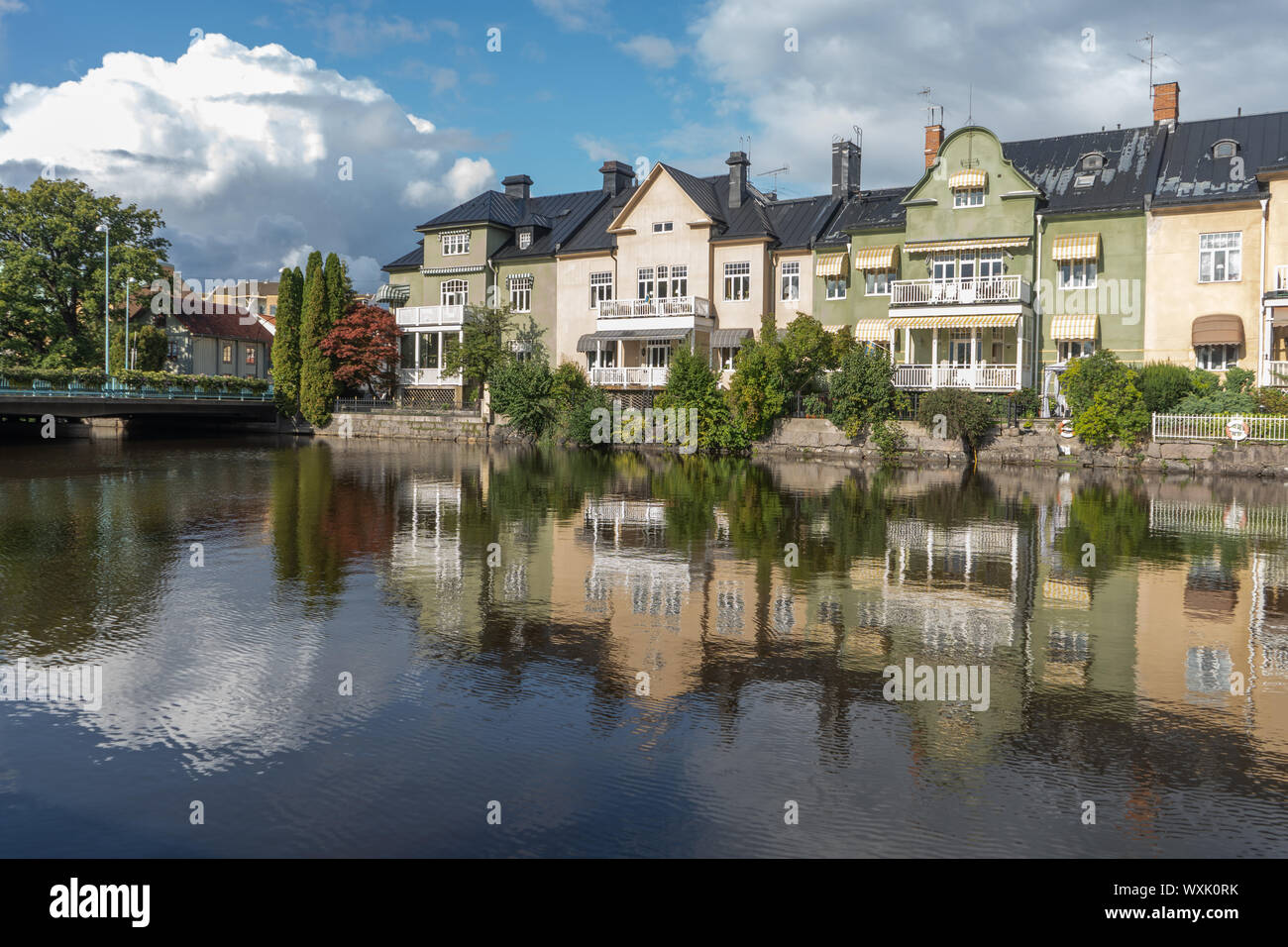 Houses by the river. Orebro city center. Travel photo, background image or illustration. Stock Photo