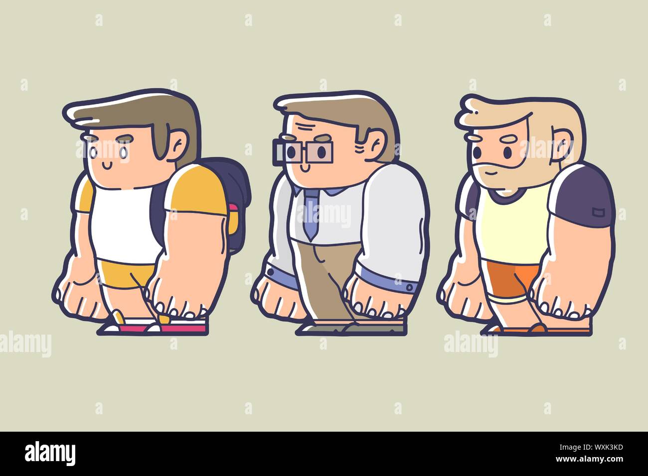 character design of a kid, working man, and an old man chibi Stock Vector