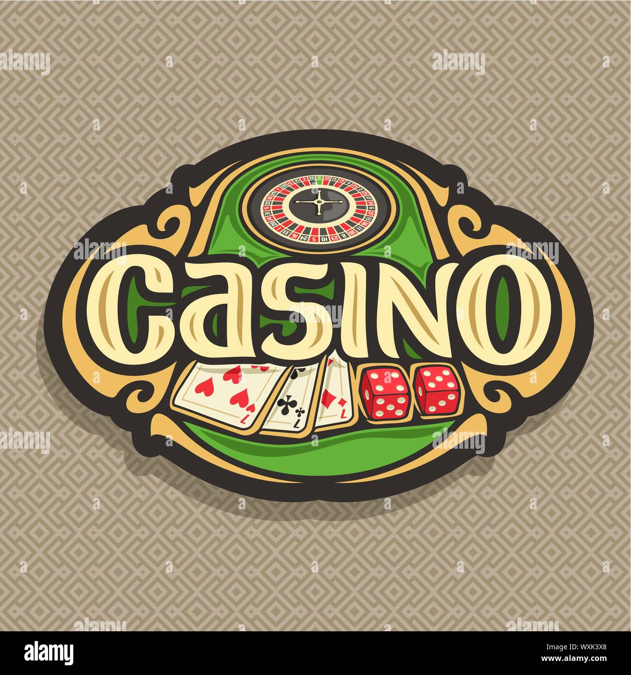 Vector logo for Casino club on brown background: roulette wheel on green table, lettering - casino, combination of playing cards 3 seven for blackjack Stock Vector