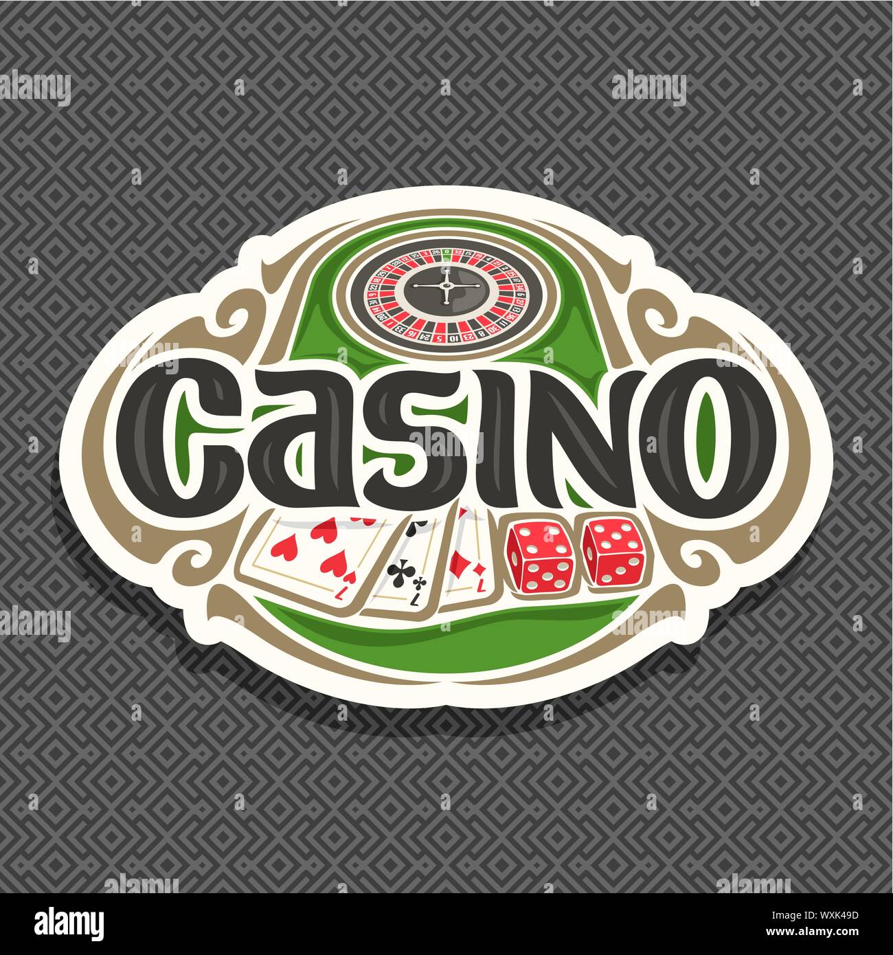 Vector logo for Casino club on grey background: roulette wheel on green table, lettering - casino, combination of playing cards 3 seven for blackjack, Stock Vector