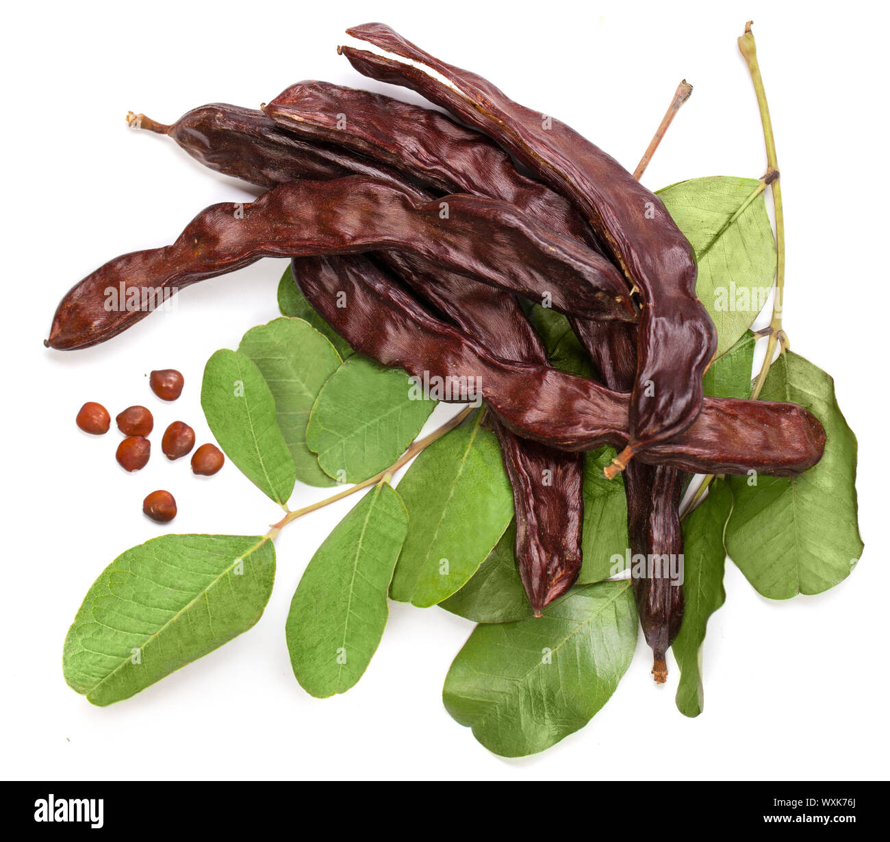 Carob beans top view. Healthy organic sweet carob pods with seeds and
