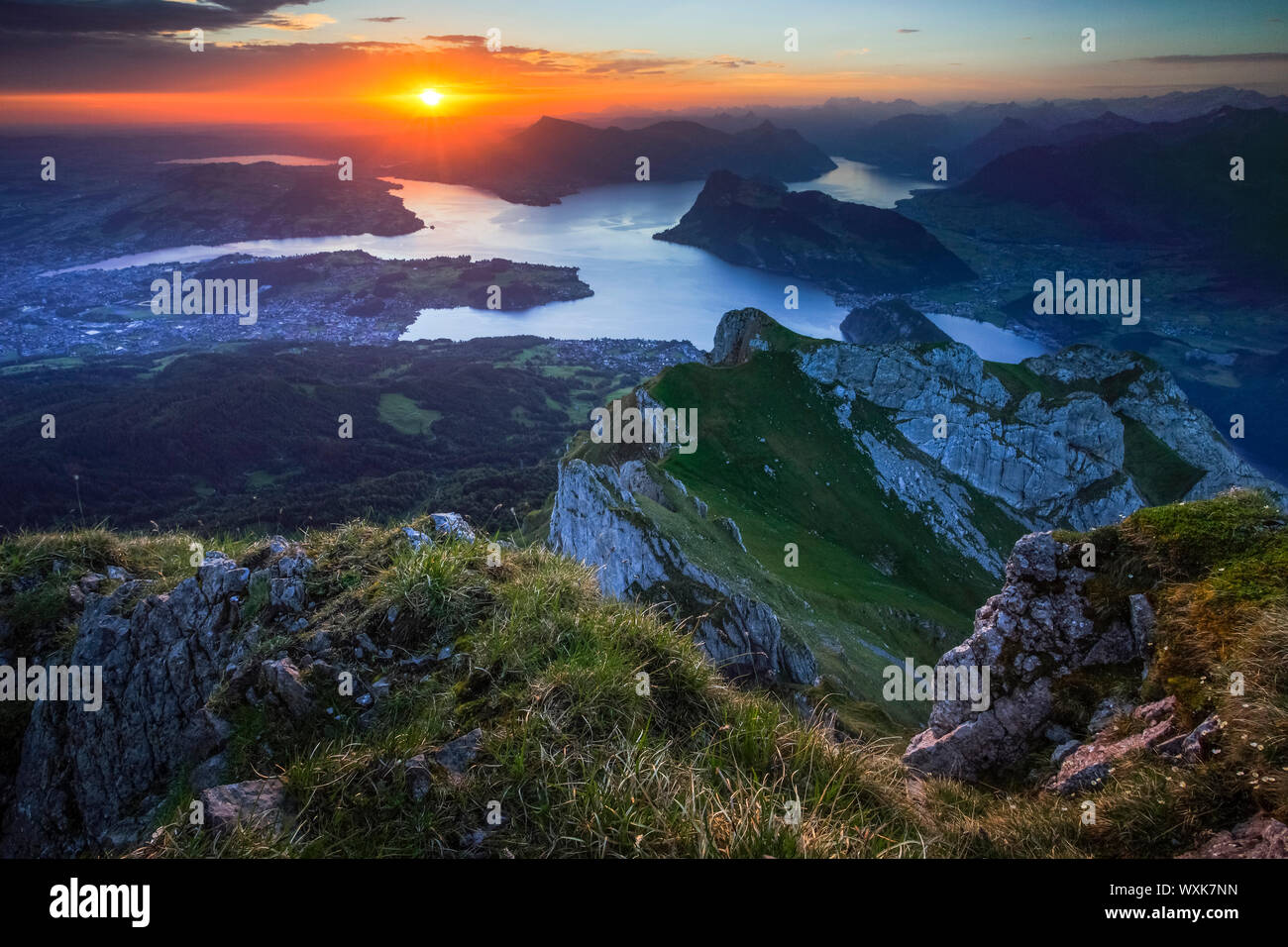 Lake Lucerne with mountain Rigi in background at sunrise. Switzerland (seen from the mountain Pilatus). Stock Photo