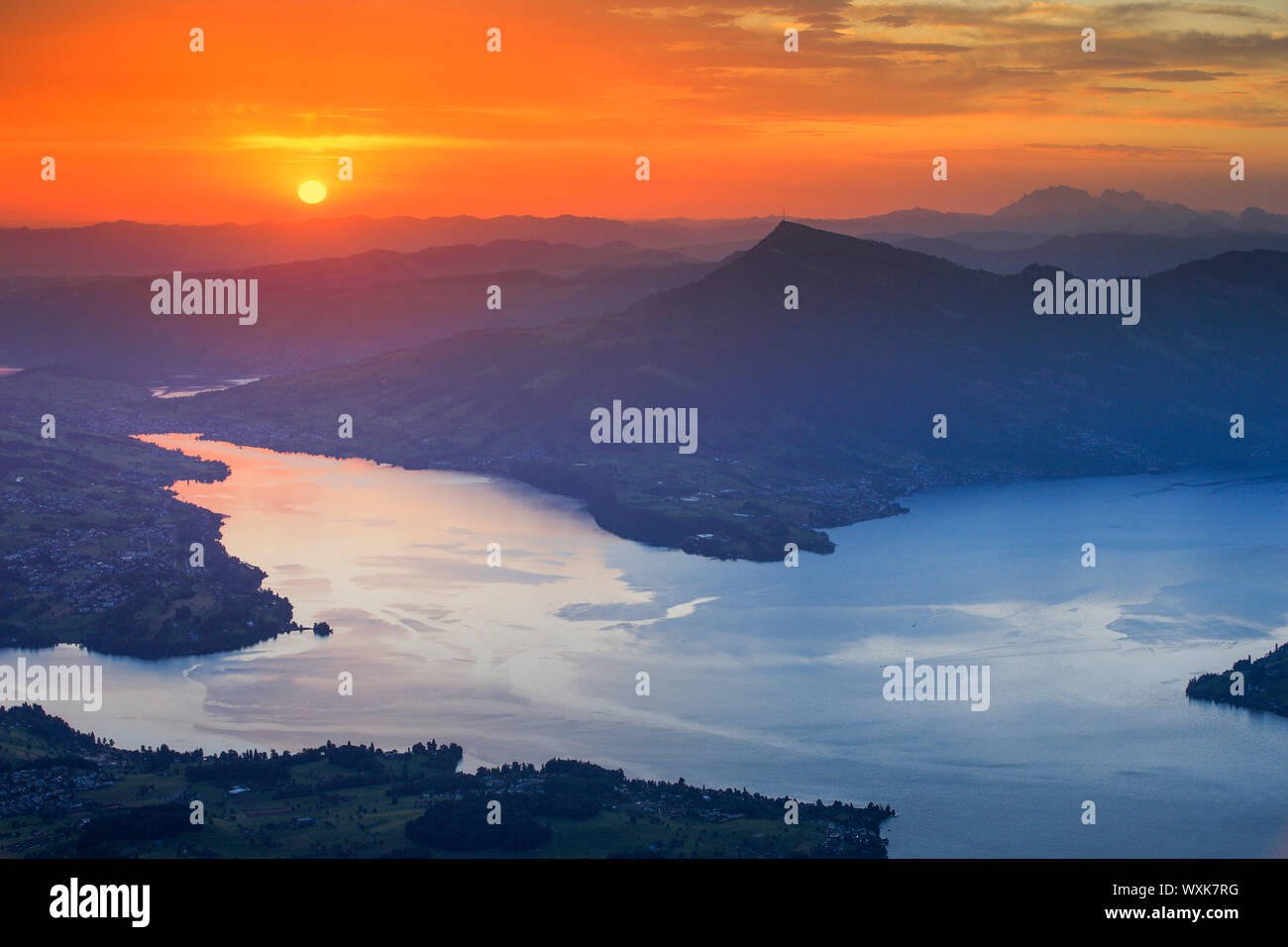 Lake Lucerne with mountain Rigi in background at sunrise. Switzerland (seen from the mountain Pilatus). Stock Photo