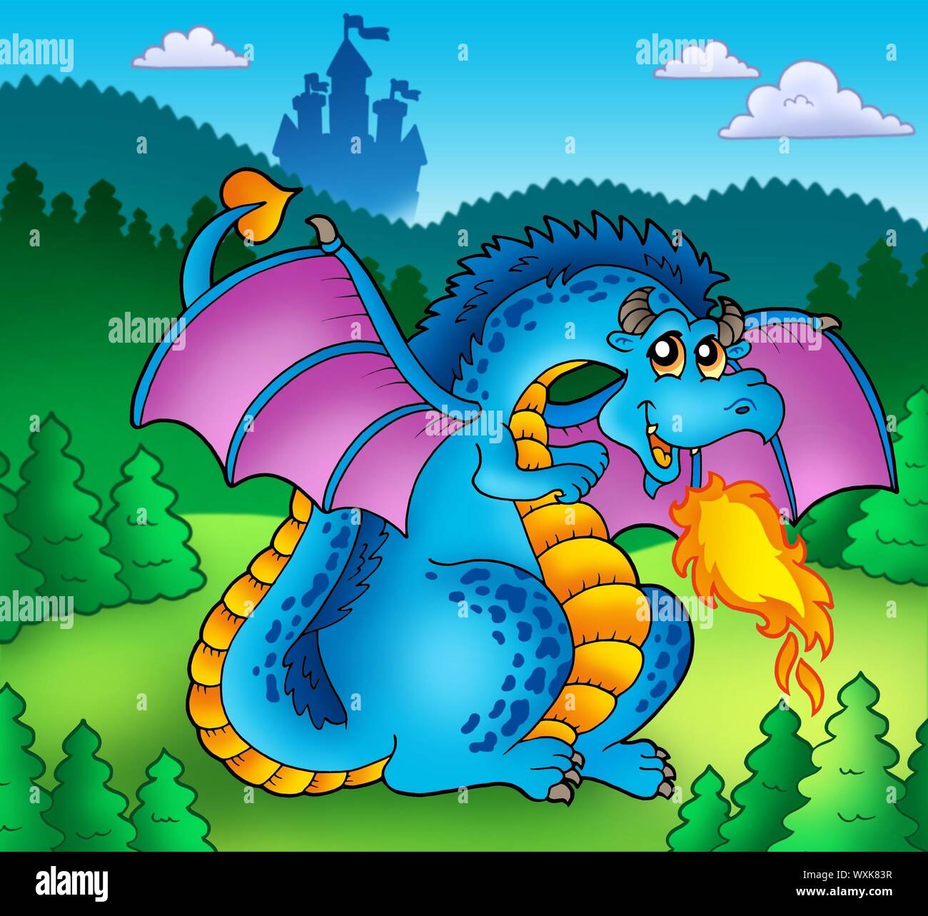 Big blue fire dragon with old castle - color illustration Stock Photo ...