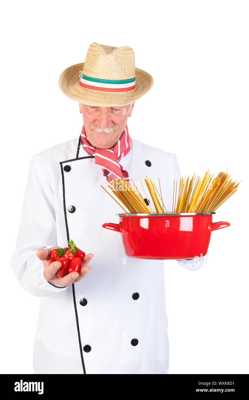 Italian cook with pan pasta and tomatoes Stock Photo - Alamy