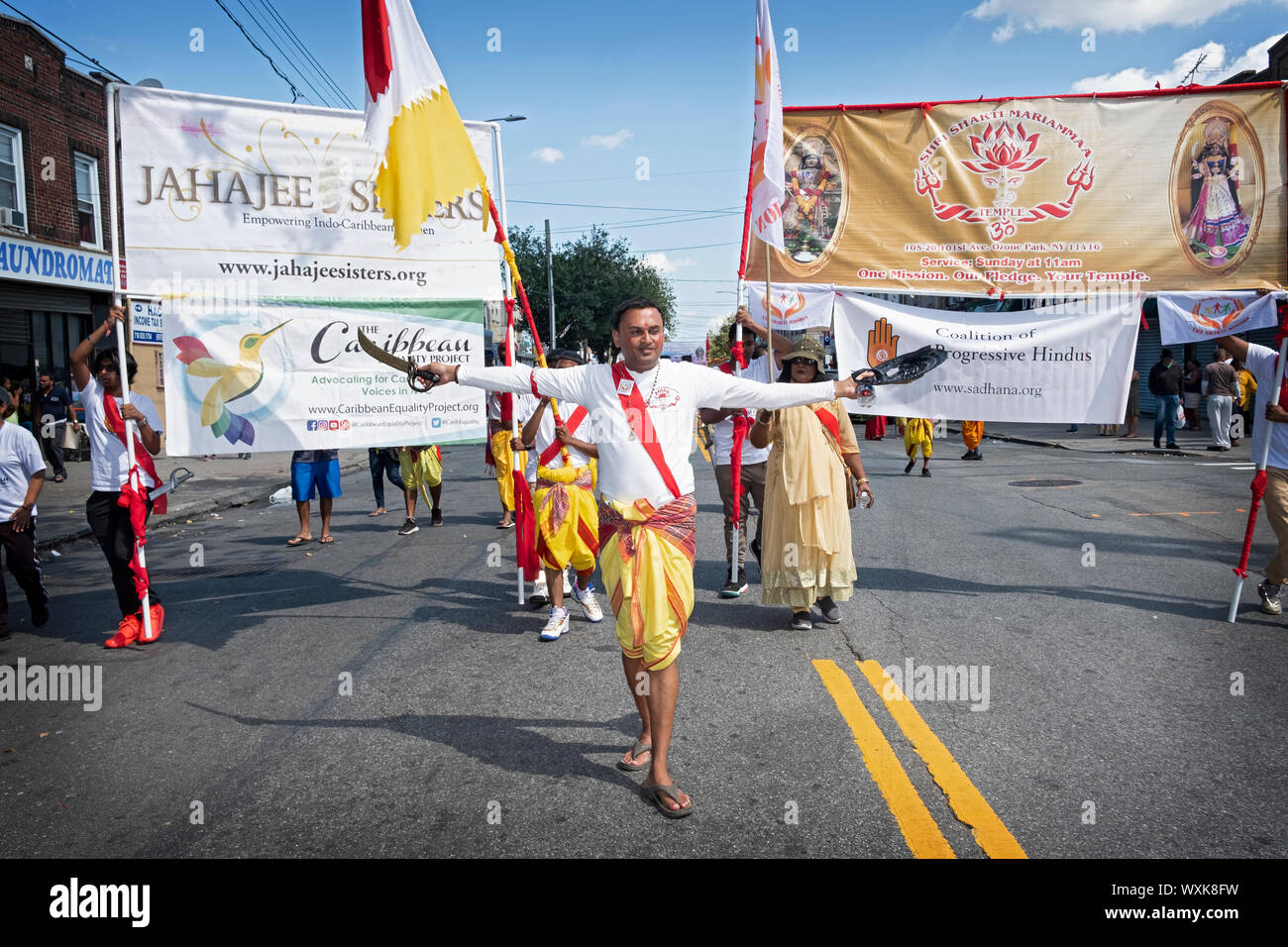A marcher dressed as a warrior at the Madrassi Parade for unity in the community. In South Richmond Hill, Queens. Stock Photo