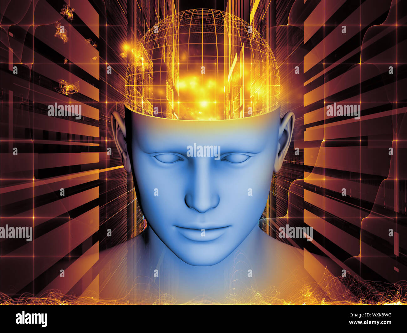 Design made of human head and symbolic elements to serve as backdrop for projects related to human mind, consciousness, imagination, science and creat Stock Photo