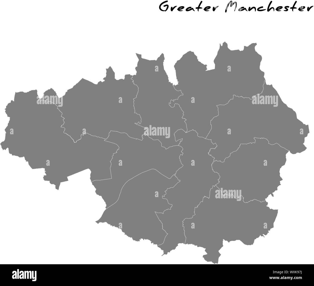 High Quality map of Greater Manchester is a metropolitan county of England, with borders of the counties Stock Vector