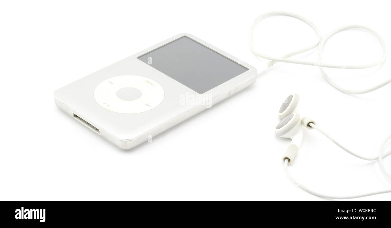 mp3 player with earphone isolated on white background Stock Photo - Alamy