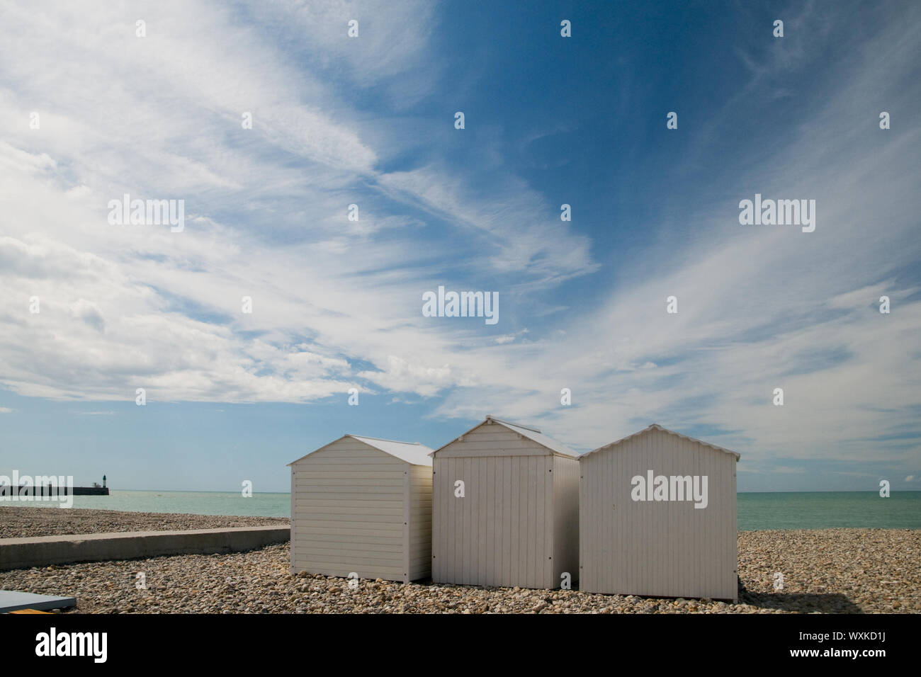 White Beach Cabins At The Normandy Coast Near Etretat Stock Photo