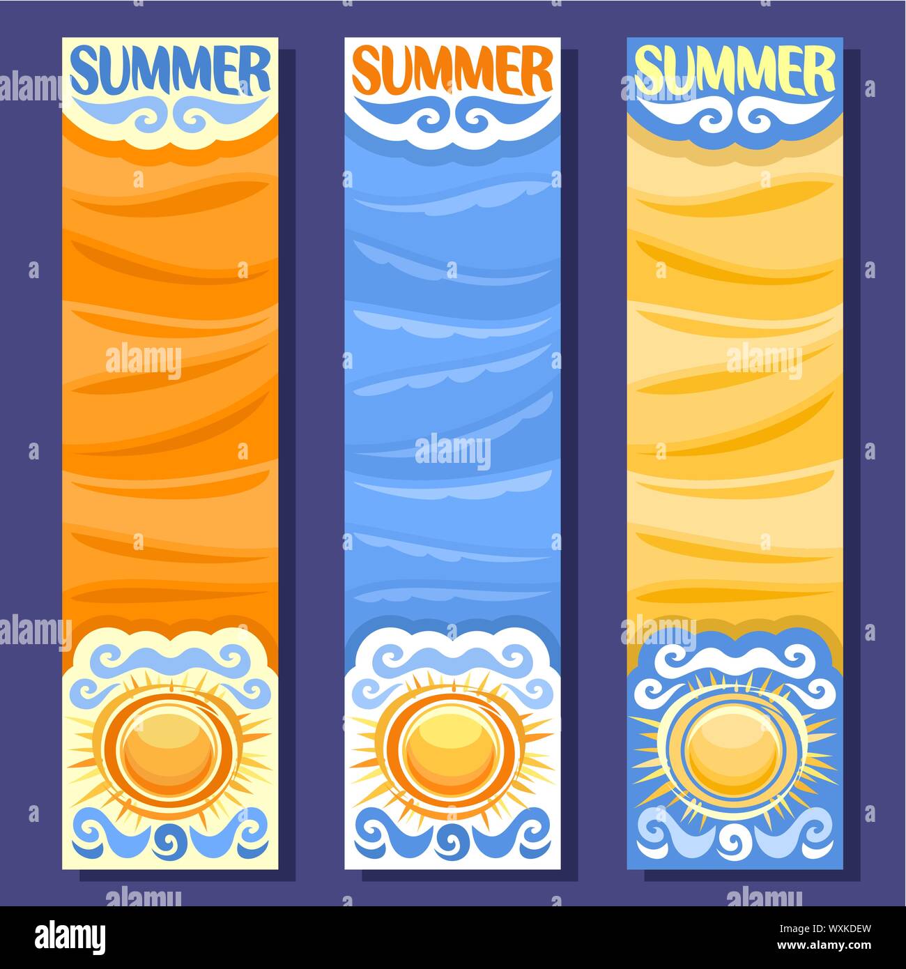 Vector set of vertical banners for Summer season: 3 layouts with blue ...