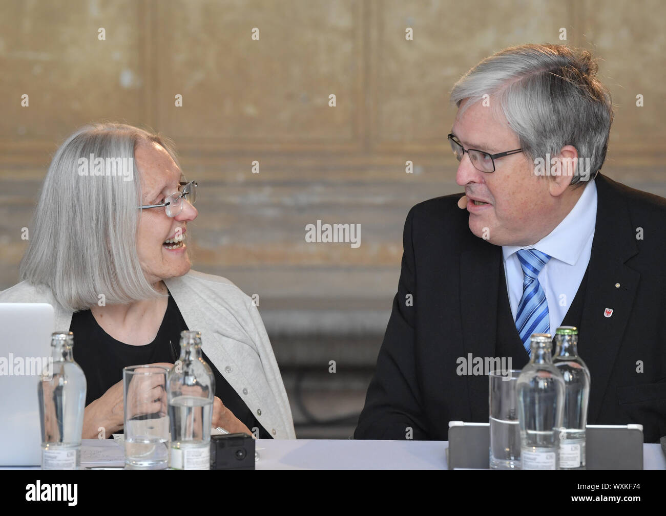 Potsdam, Germany. 17th Sep, 2019. Saskia Sassen, American sociologist and economist, and Jörg Steinbach (SPD), Economics Minister of Brandenburg, talk at the international media conference M100 Sanssouci Colloquium in the Orangery building. 'From Pipedream to Reality - Democracy and the European Public Sphere' is the title of this year's M100 Sanssouci Colloquium, at which more than 60 journalists and representatives from science and politics discuss the future of the European public. Credit: Patrick Pleul/dpa-Zentralbild/ZB/dpa/Alamy Live News Stock Photo