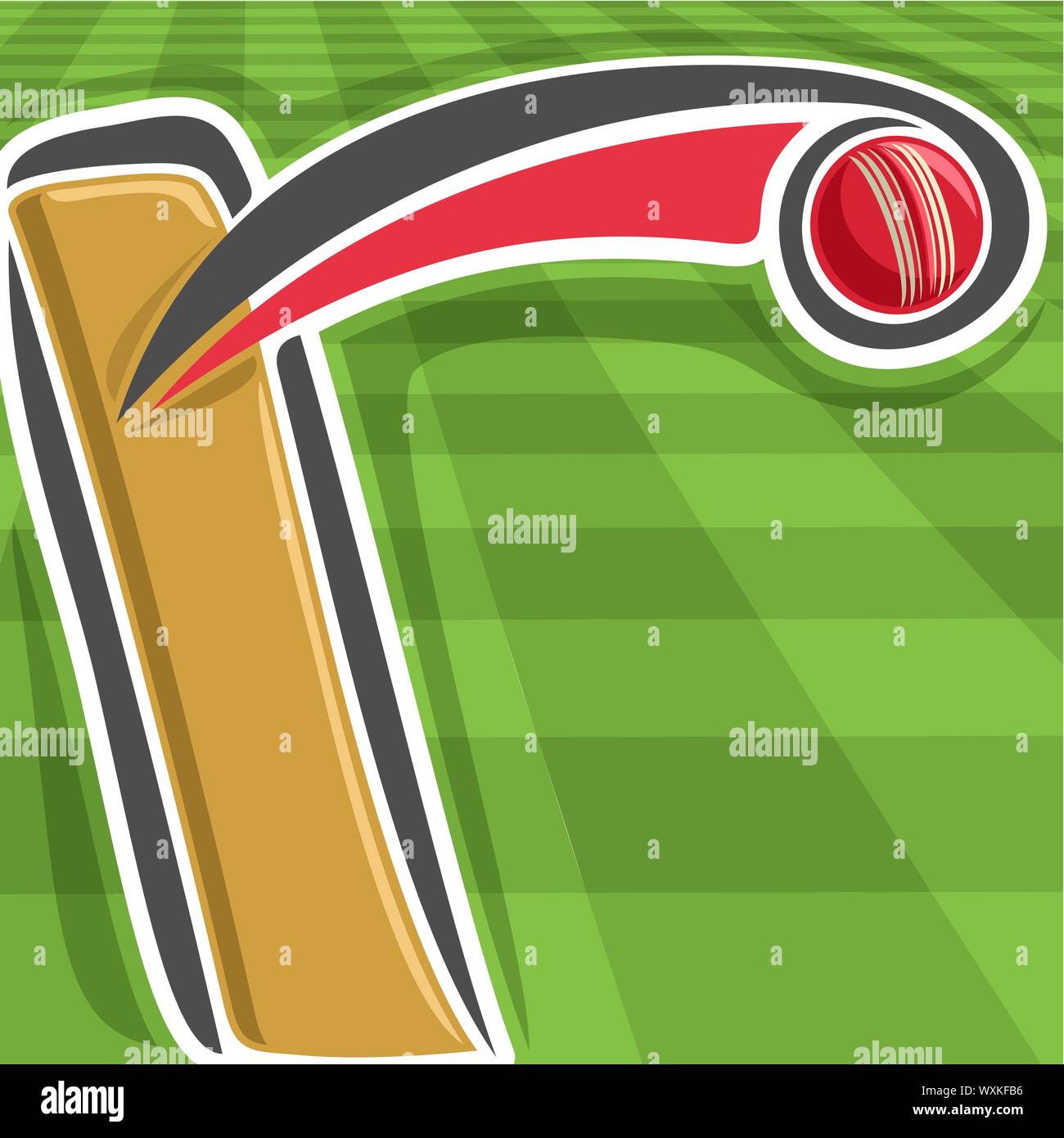 Vector poster for Cricket sport: bat hitting of red ball on green checkered grass pattern. Stock Vector