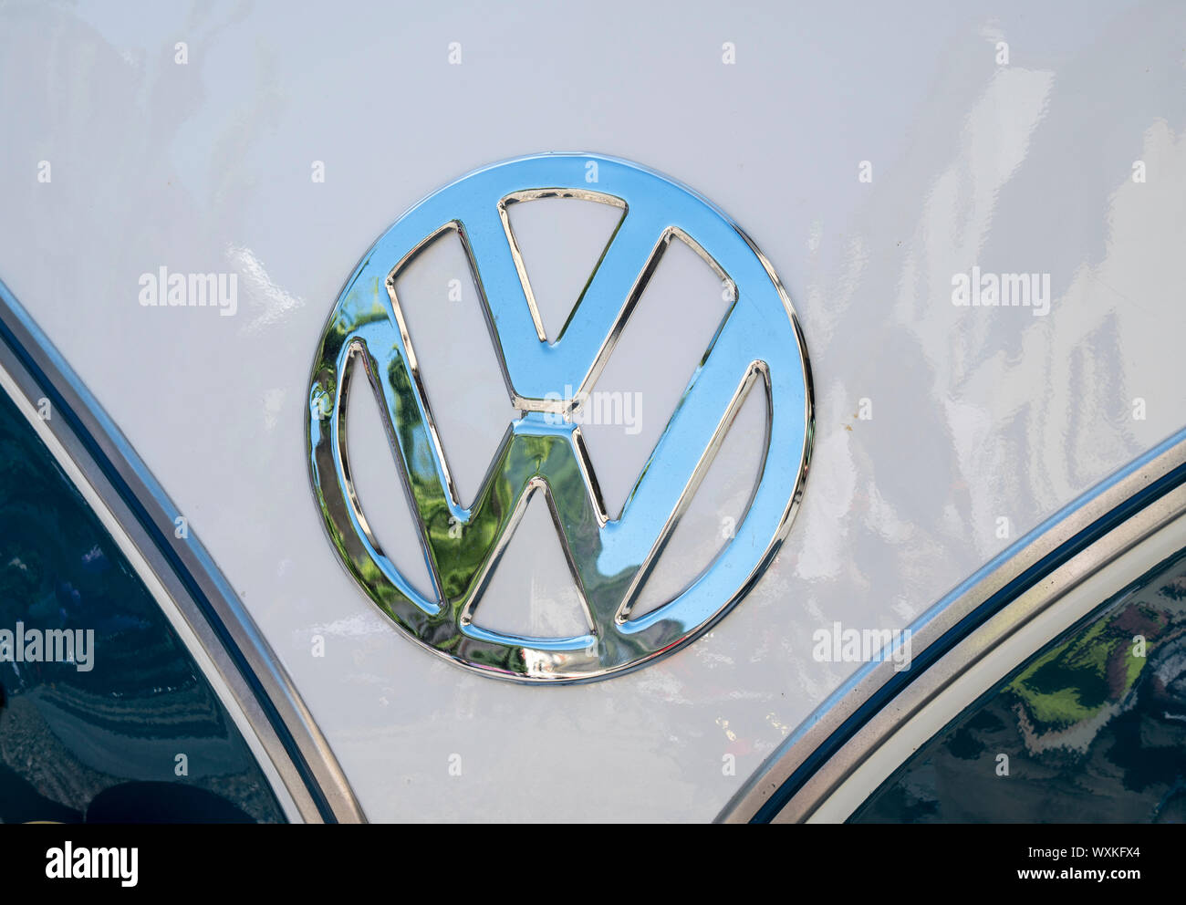 Varallo Sesia, Italy - June 02, 2019: Volkswagen logo emblem on a vintage german classic van Volkswagen Transporter Stock Photo