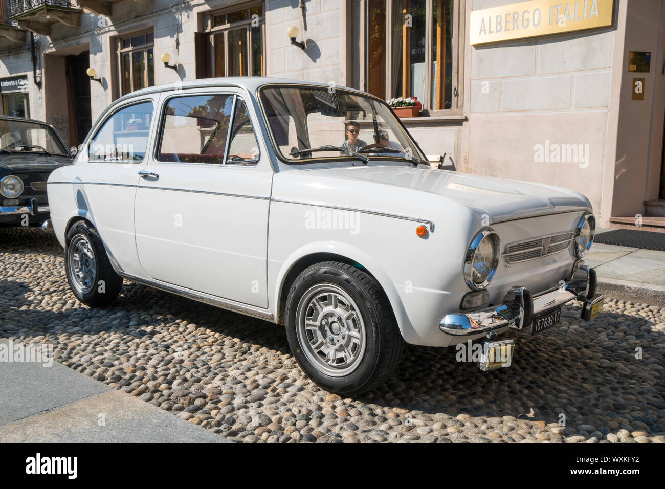 Varallo Sesia, Italy - June 02, 2019: Classic car, Italian old Fiat 850 during a vintage cars rally Stock Photo
