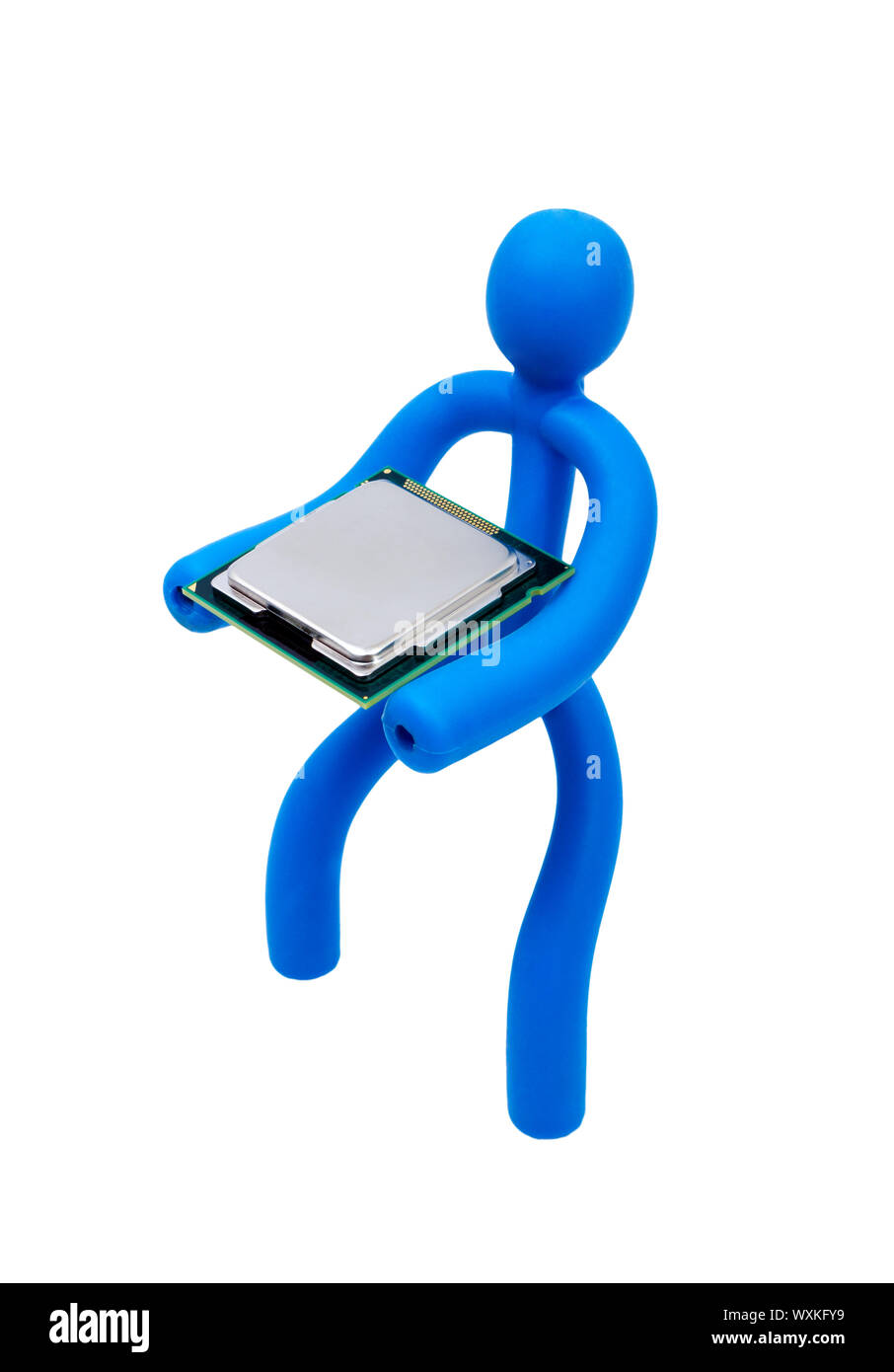 Blue rubber man keeps the processor isolated on white background Stock Photo