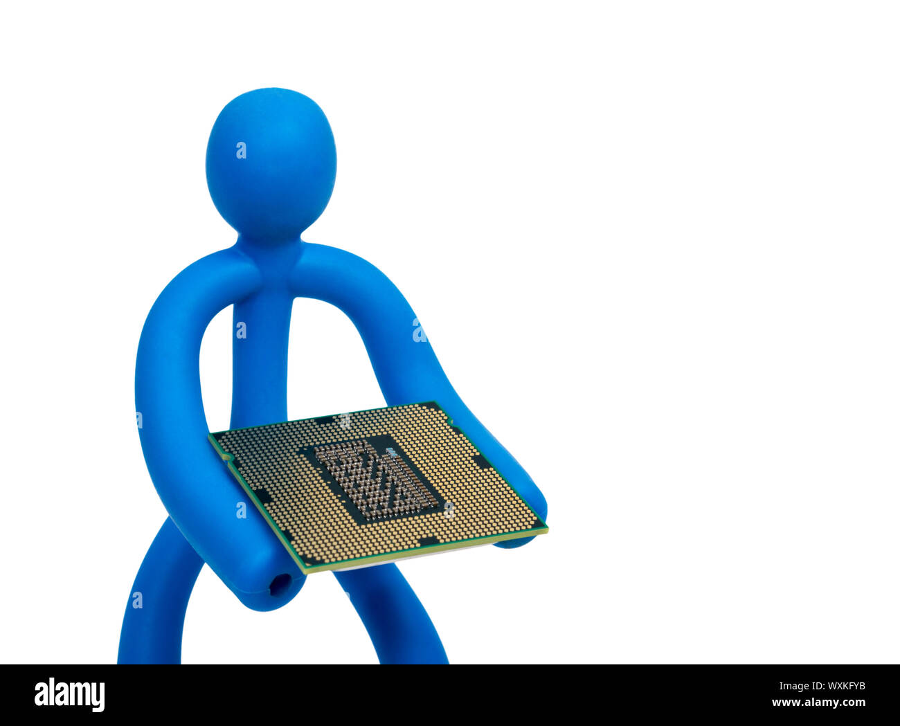 Blue rubber man keeps the processor isolated on white background Stock Photo