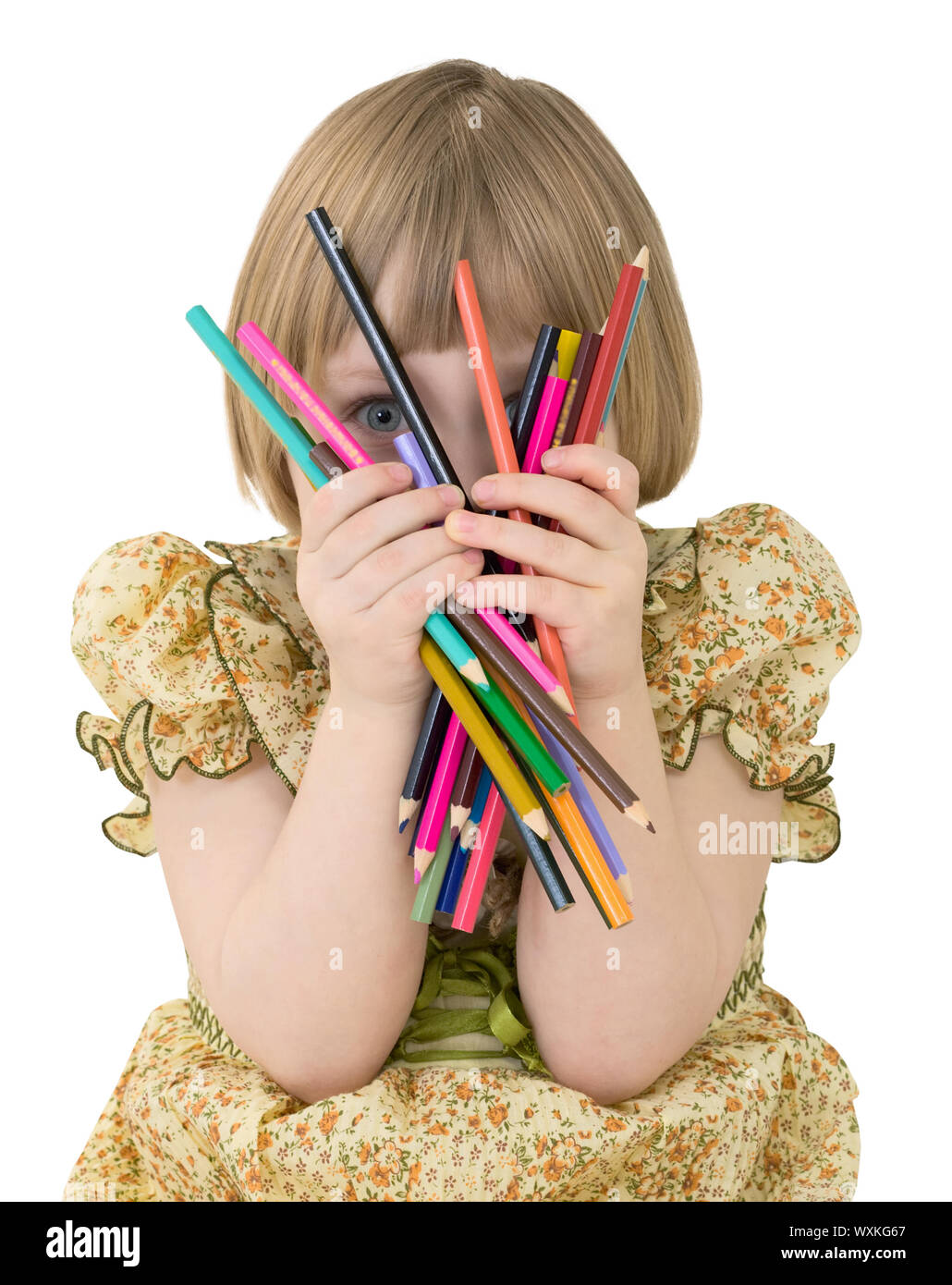 Little girl with crayons on the white background Stock Photo - Alamy