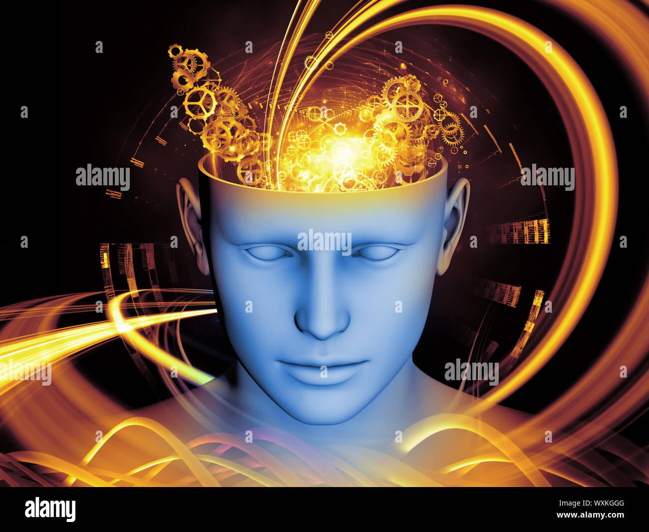 Artistic background made of human head and symbolic elements for use ...