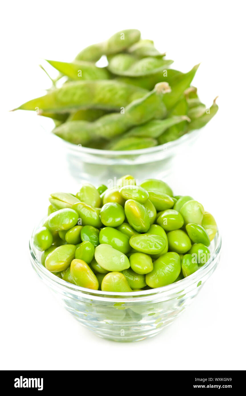 Edamame soy beans shelled and with pods in bowls Stock Photo - Alamy