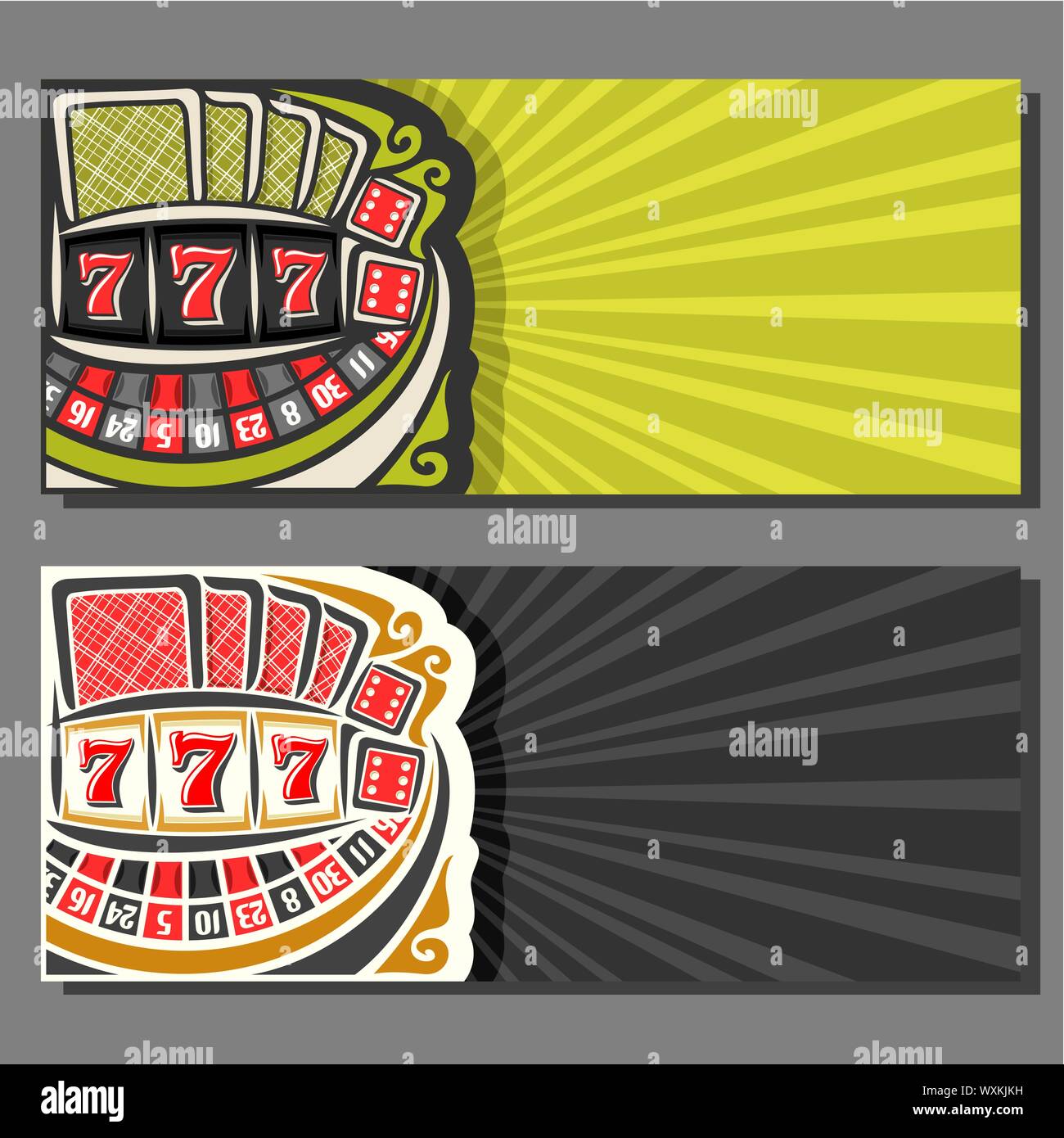 Vector banners for Gambling games: 2 layouts with roulette wheel, poker  playing cards, red dice for craps, lucky gamble symbol 777, flyer for  casino w Stock Vector Image & Art - Alamy