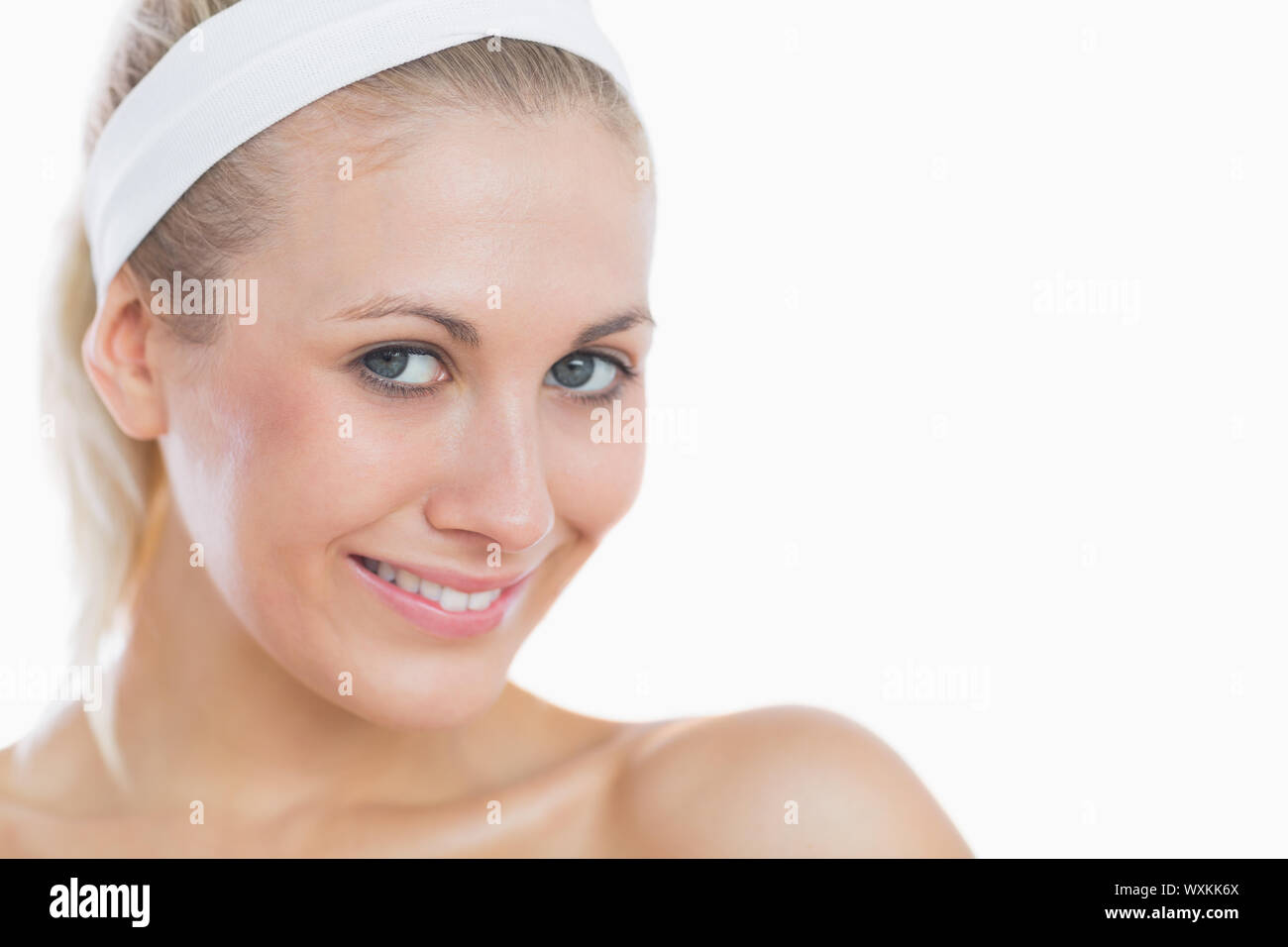 Portrait of beautiful woman smiling over white background Stock Photo ...