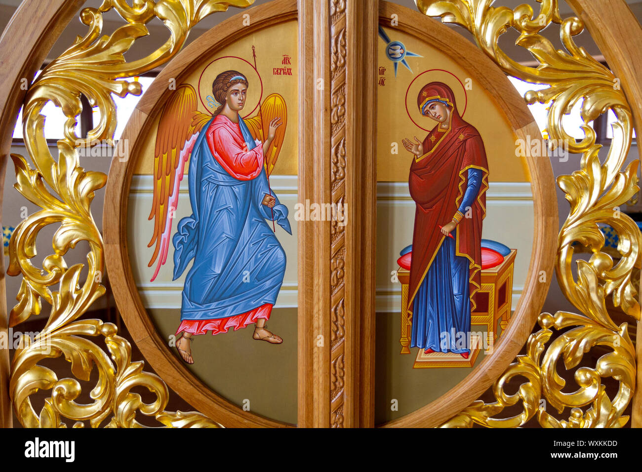 Icon of the Annunciation – the announcement by the Archangel Gabriel to the Virgin Mary that she would conceive and become the mother of Jesus. Stock Photo